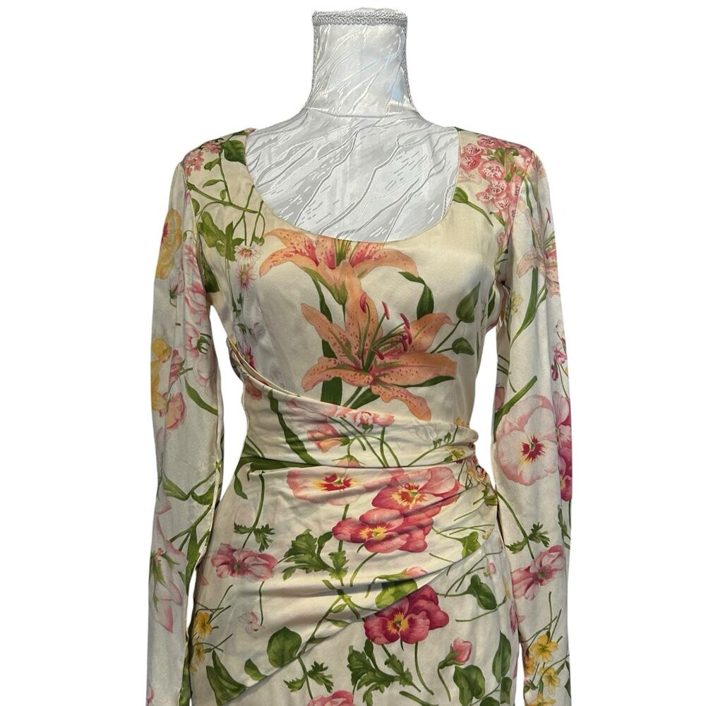 Bill Blass Vintage 80s Silk Floral Sheath Dress Ruched Waist Long Sleeve XS - Picture 6 of 13